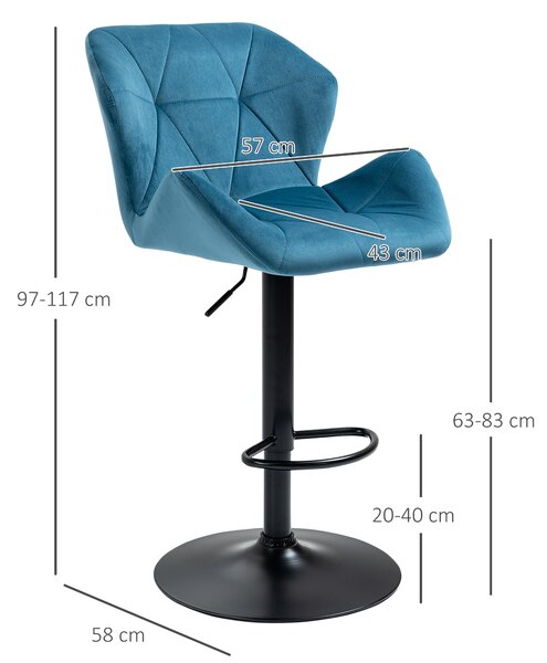 HOMCOM Bar Chair Set of 2, Velvet-Touch Bar Stools w/ Metal Frame Footrest Round Base, Adjustable Triangle Indenting Moulded Seat, Blue Aosom UK