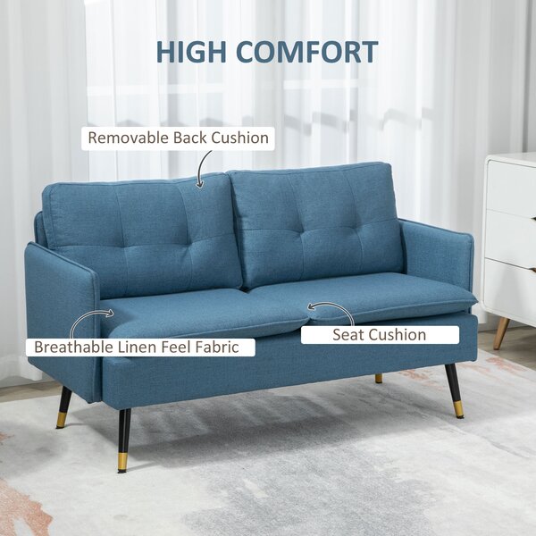 HOMCOM 2 Seater Sofas for Living Room, Fabric Couch, Button Tufted Love Seat with Cushions & Anti-Cat-Scratch Material, Dark Blue Aosom UK