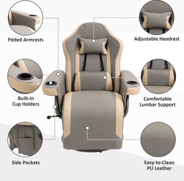 HOMCOM Manual Recliner Chair Armchair PU Leather Lounge Chair w/ Adjustable Leg Rest, 135° Reclining Function, 360° Swivel, Grey
