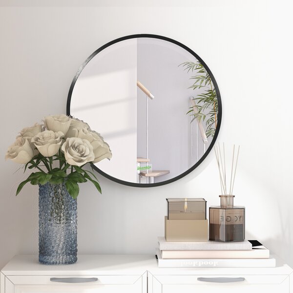 Kleankin Round Bathroom Mirror: Wall-Mounted Makeup Mirror with Aluminium Frame, Black Aosom UK