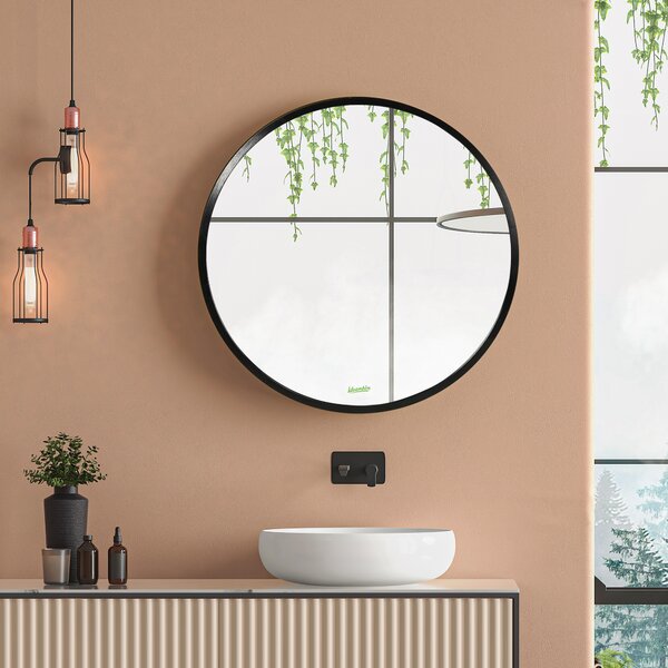 Kleankin Round Bathroom Mirror: Wall-Mounted Makeup Mirror with Aluminium Frame, Black Aosom UK