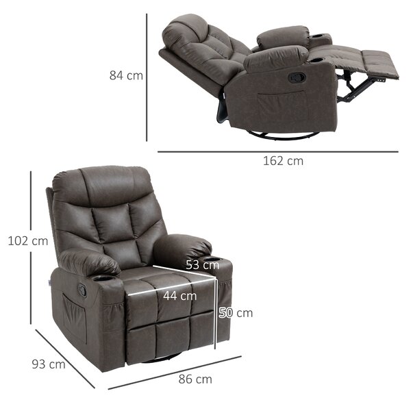 HOMCOM Single Leather Reclining Chair, Manual Recliner Armchair with Faux Leather, Footrest, Cup Holders, 86x93x102cm, Brown Aosom UK