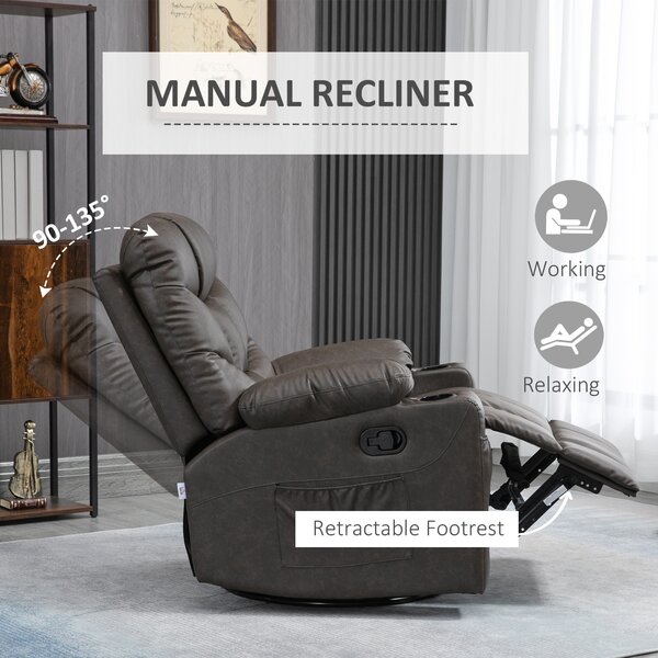 HOMCOM Single Leather Reclining Chair, Manual Recliner Armchair with Faux Leather, Footrest, Cup Holders, 86x93x102cm, Brown Aosom UK