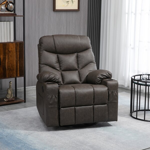 HOMCOM Single Leather Reclining Chair, Manual Recliner Armchair with Faux Leather, Footrest, Cup Holders, 86x93x102cm, Brown Aosom UK