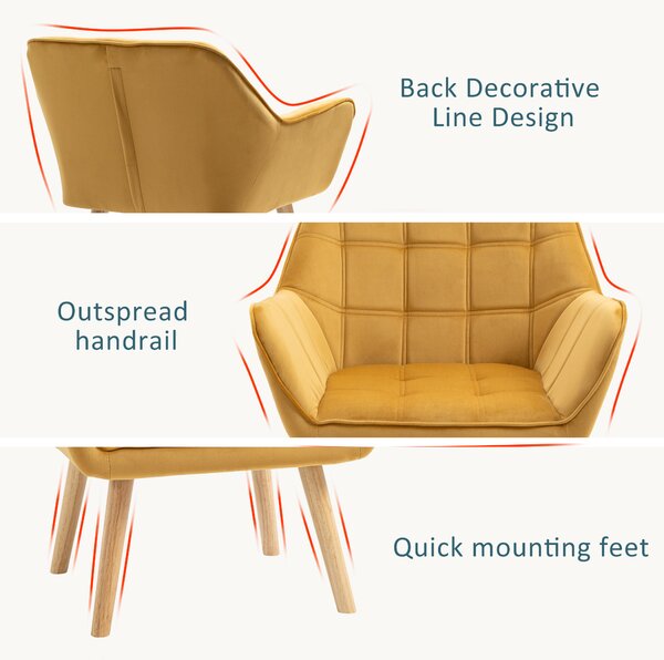HOMCOM Armchair Accent Chair Wide Arms Slanted Back Padding Iron Frame Wooden Legs Home Bedroom Furniture Seating Yellow