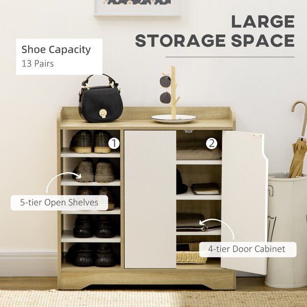 HOMCOM Shoe Cabinet with Double Doors & Open Shelving, 13 Pair Footwear Organiser for Hallways, Natural & White Aosom UK