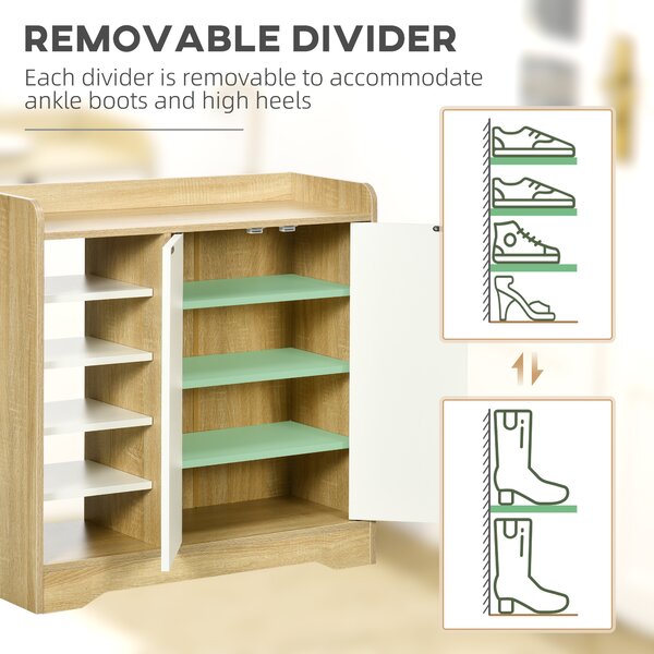 HOMCOM Shoe Cabinet with Double Doors & Open Shelving, 13 Pair Footwear Organiser for Hallways, Natural & White Aosom UK