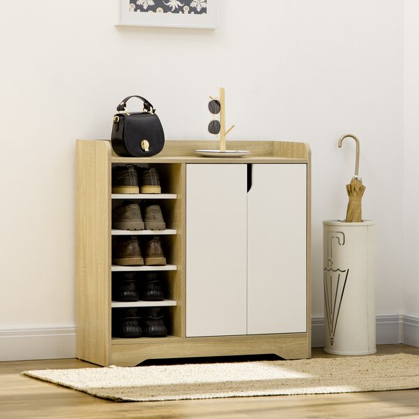 HOMCOM Shoe Cabinet with Double Doors & Open Shelving, 13 Pair Footwear Organiser for Hallways, Natural & White Aosom UK