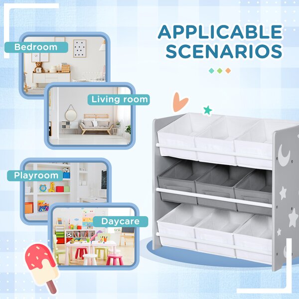ZONEKIZ 3-Tier Storage Rack Toy Storage Organizer with 9 Removable Bins & Smooth Edges, for Playroom, Nursery and Kids Room, Grey Aosom UK