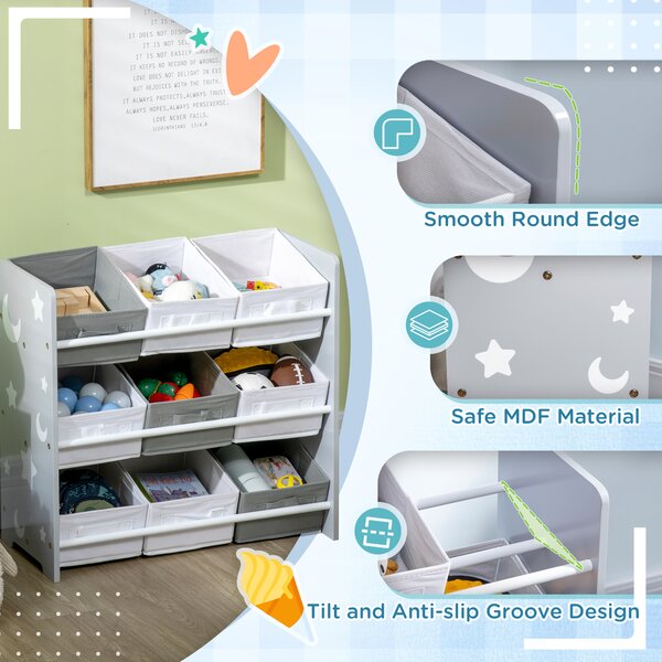 ZONEKIZ 3-Tier Storage Rack Toy Storage Organizer with 9 Removable Bins & Smooth Edges, for Playroom, Nursery and Kids Room, Grey Aosom UK