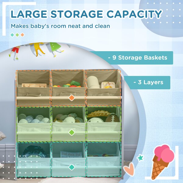 ZONEKIZ 3-Tier Storage Rack Toy Storage Organizer with 9 Removable Bins & Smooth Edges, for Playroom, Nursery and Kids Room, Grey Aosom UK
