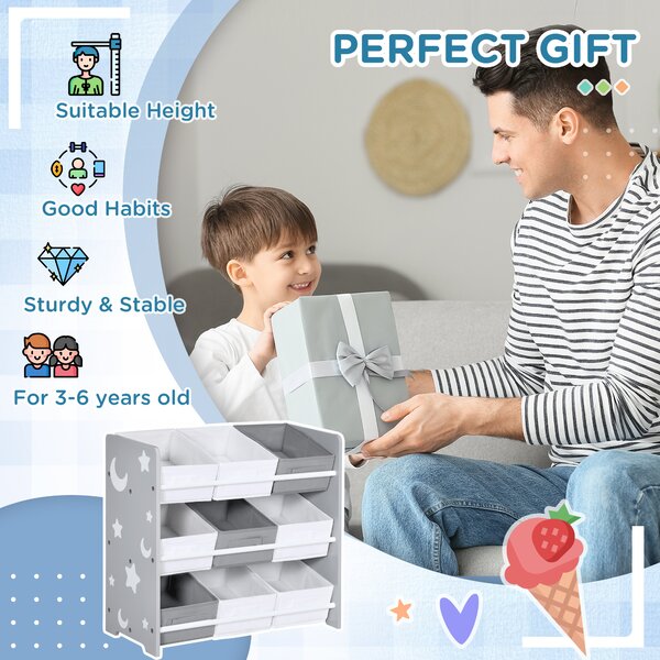 ZONEKIZ 3-Tier Storage Rack Toy Storage Organizer with 9 Removable Bins & Smooth Edges, for Playroom, Nursery and Kids Room, Grey Aosom UK