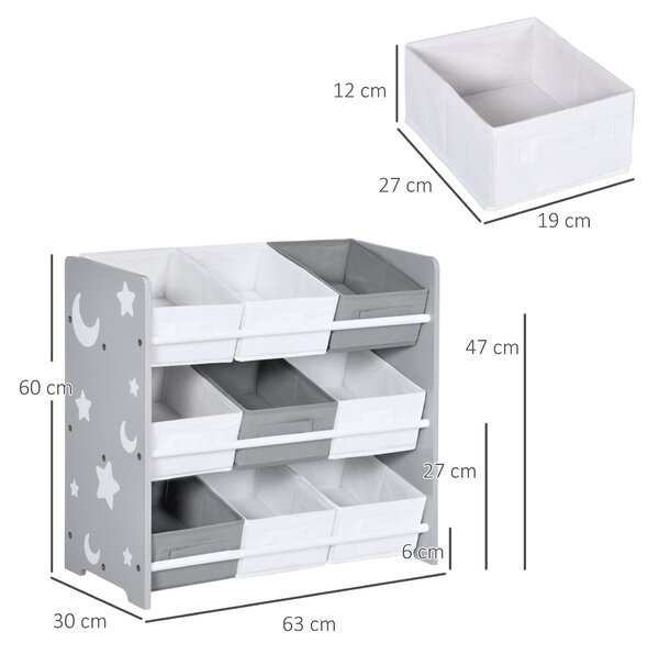 ZONEKIZ 3-Tier Storage Rack Toy Storage Organizer with 9 Removable Bins & Smooth Edges, for Playroom, Nursery and Kids Room, Grey Aosom UK