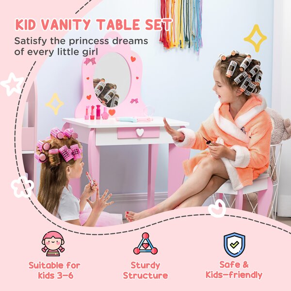 ZONEKIZ Pink Kids Vanity Set with Dressing Table, Mirror, Stool, Drawer, Cute Patterns, for 3-6 Years Old Aosom UK