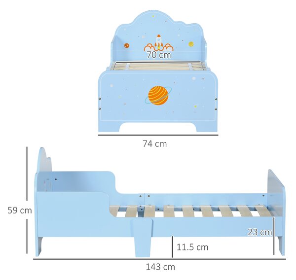 ZONEKIZ Toddler Bed with Rocket & Plants Patterns, Kids Bedroom Furniture, Safety Side Rails, Blue Aosom UK