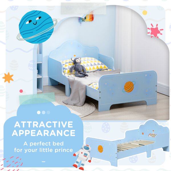 ZONEKIZ Toddler Bed with Rocket & Plants Patterns, Kids Bedroom Furniture, Safety Side Rails, Blue Aosom UK