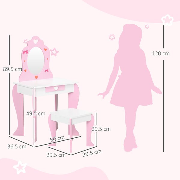 ZONEKIZ Pink Kids Vanity Set with Dressing Table, Mirror, Stool, Drawer, Cute Patterns, for 3-6 Years Old Aosom UK