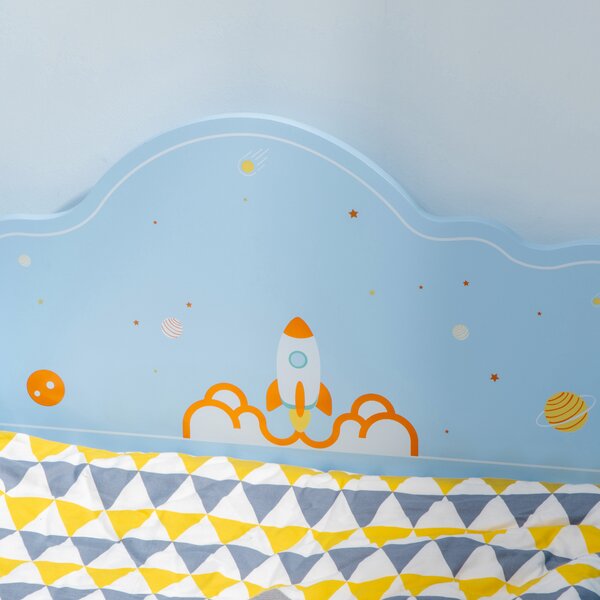 ZONEKIZ Toddler Bed with Rocket & Plants Patterns, Kids Bedroom Furniture, Safety Side Rails, Blue Aosom UK