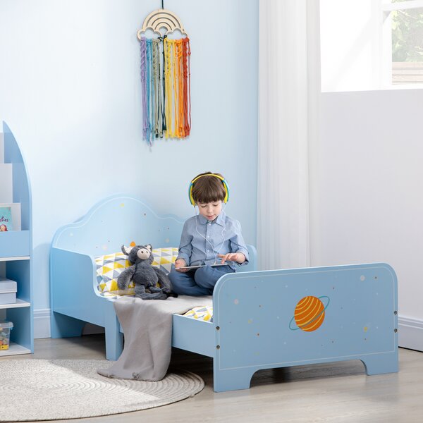 ZONEKIZ Toddler Bed with Rocket & Plants Patterns, Kids Bedroom Furniture, Safety Side Rails, Blue Aosom UK