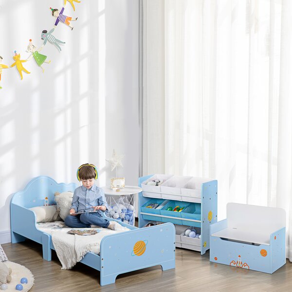 ZONEKIZ Toddler Bed with Rocket & Plants Patterns, Kids Bedroom Furniture, Safety Side Rails, Blue Aosom UK