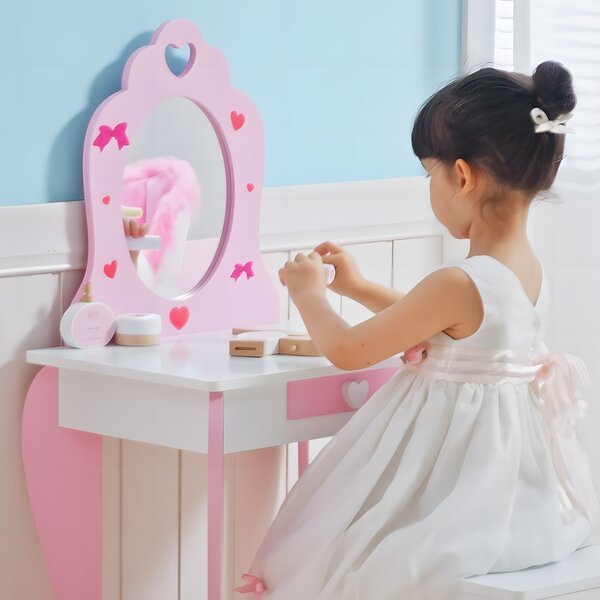 ZONEKIZ Pink Kids Vanity Set with Dressing Table, Mirror, Stool, Drawer, Cute Patterns, for 3-6 Years Old Aosom UK