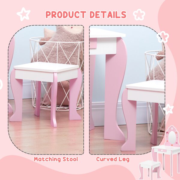 ZONEKIZ Pink Kids Vanity Set with Dressing Table, Mirror, Stool, Drawer, Cute Patterns, for 3-6 Years Old Aosom UK