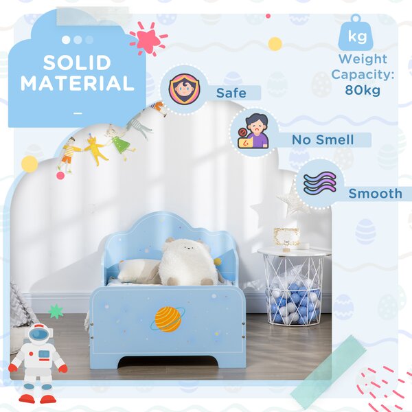 ZONEKIZ Toddler Bed with Rocket & Plants Patterns, Kids Bedroom Furniture, Safety Side Rails, Blue Aosom UK