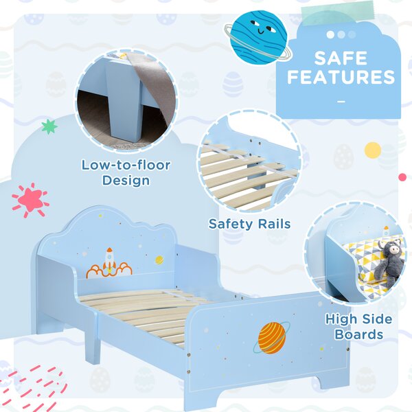 ZONEKIZ Toddler Bed with Rocket & Plants Patterns, Kids Bedroom Furniture, Safety Side Rails, Blue Aosom UK