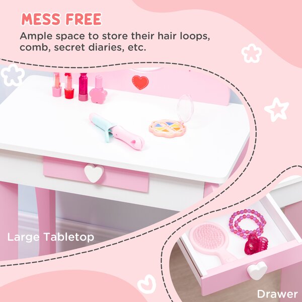 ZONEKIZ Pink Kids Vanity Set with Dressing Table, Mirror, Stool, Drawer, Cute Patterns, for 3-6 Years Old Aosom UK