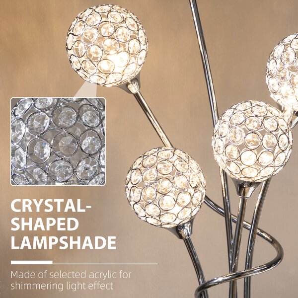 HOMCOM Crystal Floor Standing Lamp with 5-Light , Floor Lights for Living Room & Bedroom, Modern Silver Design, Silver Aosom UK