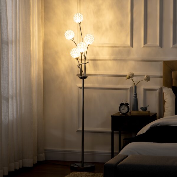 HOMCOM Crystal Floor Standing Lamp with 5-Light , Floor Lights for Living Room & Bedroom, Modern Silver Design, Silver Aosom UK