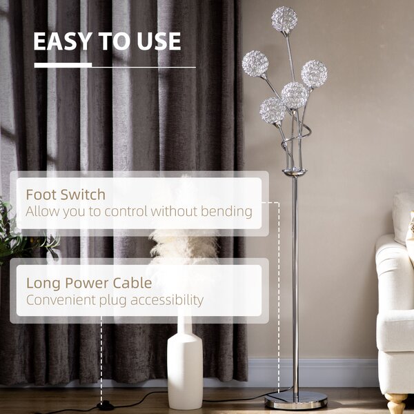 HOMCOM Crystal Floor Standing Lamp with 5-Light , Floor Lights for Living Room & Bedroom, Modern Silver Design, Silver Aosom UK