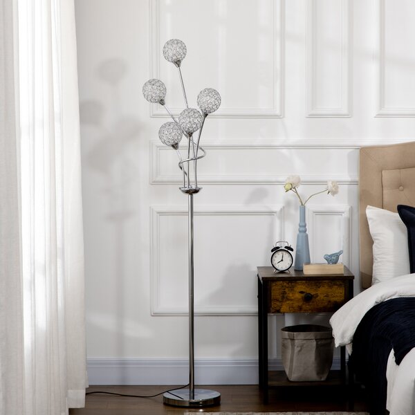 HOMCOM Crystal Floor Standing Lamp with 5-Light , Floor Lights for Living Room & Bedroom, Modern Silver Design, Silver Aosom UK