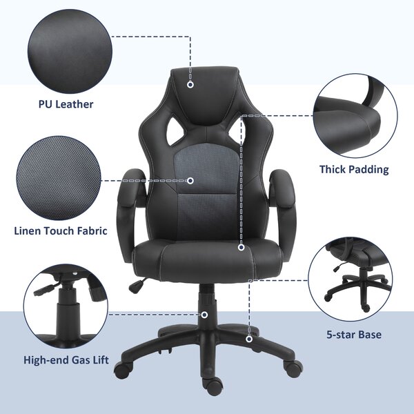 Vinsetto Gaming Recliner Chair, Ergonomic Faux Leather Desk Chair with Silent Wheels & Armrests for Gamers & Adults, Black Aosom UK
