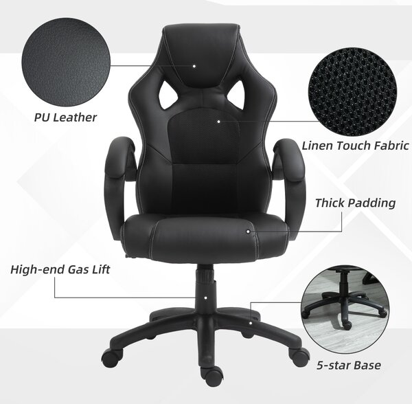 Vinsetto Faux Leather Swivel Chair, Ergonomic Desk Chair with Armrests & Cooling Backrest, Ebony Black Aosom UK