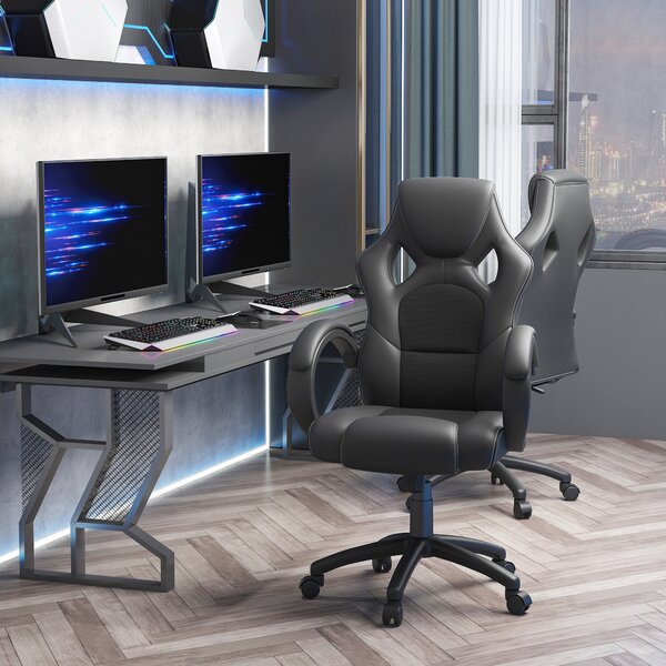 Vinsetto Faux Leather Swivel Chair, Ergonomic Desk Chair with Armrests & Cooling Backrest, Ebony Black Aosom UK