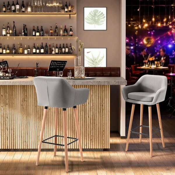 HOMCOM 2pcs Bar Chair, Wooden Counter Bar Stool with Linen Upholstery, Wood Legs, for Living Room Dining Room, Cat Scratch Anti, Grey Aosom UK