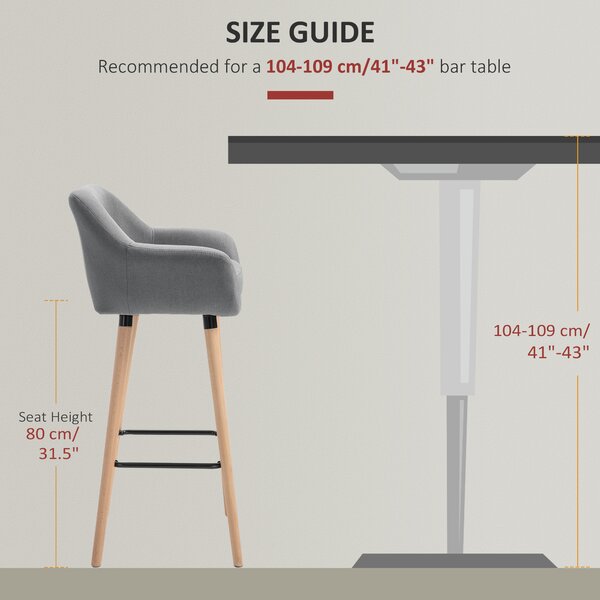 HOMCOM 2pcs Bar Chair, Wooden Counter Bar Stool with Linen Upholstery, Wood Legs, for Living Room Dining Room, Cat Scratch Anti, Grey Aosom UK