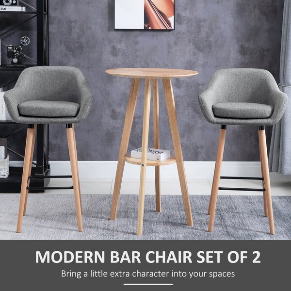 HOMCOM 2pcs Bar Chair, Wooden Counter Bar Stool with Linen Upholstery, Wood Legs, for Living Room Dining Room, Cat Scratch Anti, Grey Aosom UK