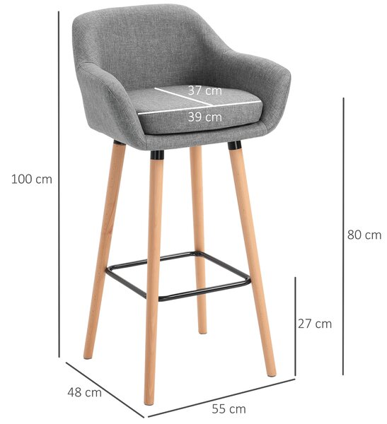 HOMCOM 2pcs Bar Chair, Wooden Counter Bar Stool with Linen Upholstery, Wood Legs, for Living Room Dining Room, Cat Scratch Anti, Grey Aosom UK