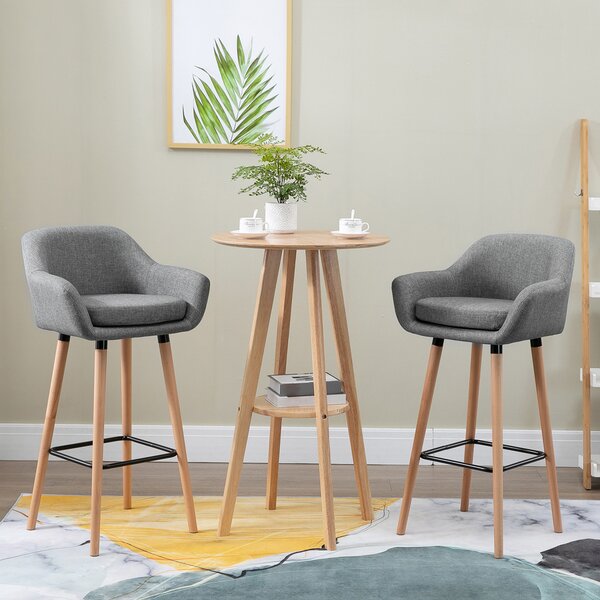 HOMCOM 2pcs Bar Chair, Wooden Counter Bar Stool with Linen Upholstery, Wood Legs, for Living Room Dining Room, Cat Scratch Anti, Grey Aosom UK