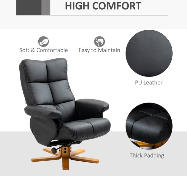 Faux Leather Swivel Recliner Chair HOMCOM Armchair with Footstool, Wooden Base and Storage for Living Room, Black Aosom UK