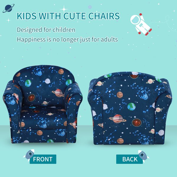 HOMCOM Kids Armchair, Planet Theme with Non-Slip Feet, Sturdy Wooden Frame, Comfortable Seating for Children, Blue Aosom UK