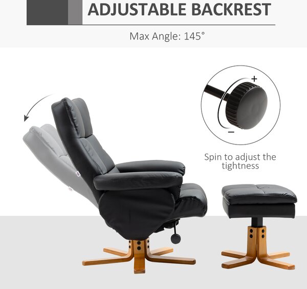 Faux Leather Swivel Recliner Chair HOMCOM Armchair with Footstool, Wooden Base and Storage for Living Room, Black Aosom UK