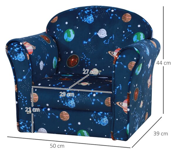 HOMCOM Kids Armchair, Planet Theme with Non-Slip Feet, Sturdy Wooden Frame, Comfortable Seating for Children, Blue Aosom UK