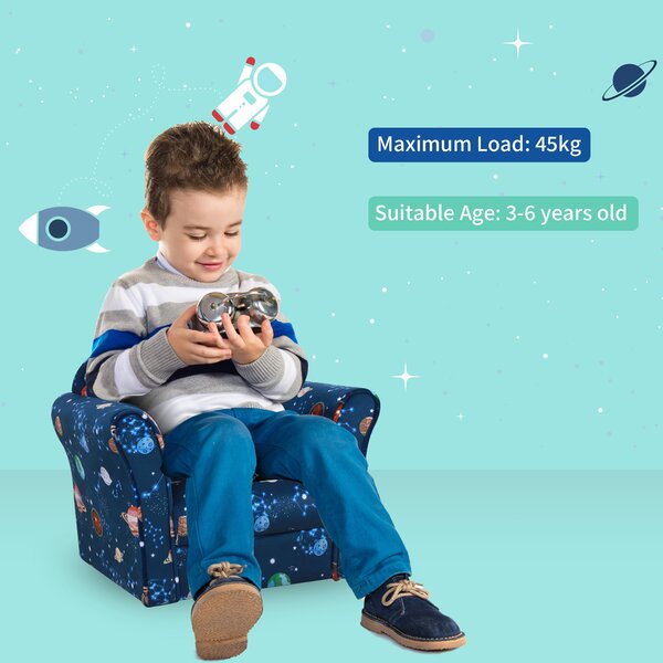 HOMCOM Kids Armchair, Planet Theme with Non-Slip Feet, Sturdy Wooden Frame, Comfortable Seating for Children, Blue Aosom UK