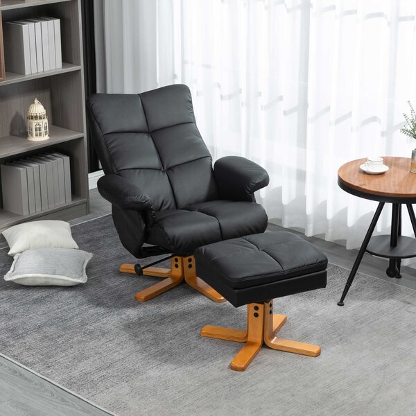 Faux Leather Swivel Recliner Chair HOMCOM Armchair with Footstool, Wooden Base and Storage for Living Room, Black Aosom UK