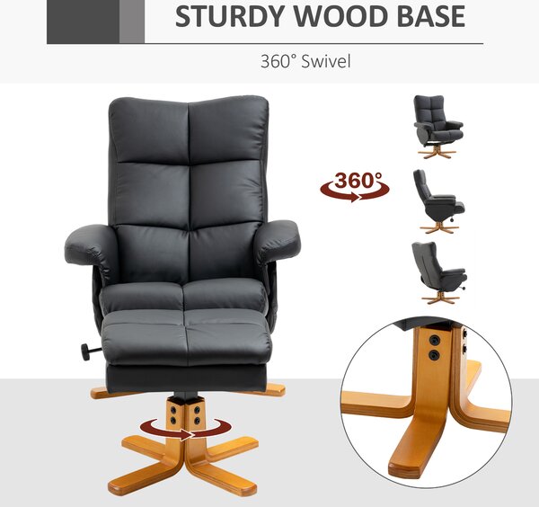 Faux Leather Swivel Recliner Chair HOMCOM Armchair with Footstool, Wooden Base and Storage for Living Room, Black Aosom UK