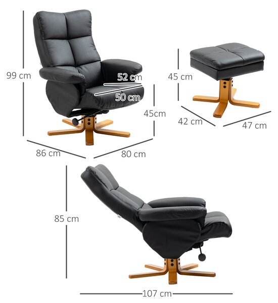 Faux Leather Swivel Recliner Chair HOMCOM Armchair with Footstool, Wooden Base and Storage for Living Room, Black Aosom UK