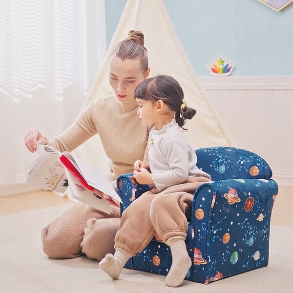 HOMCOM Kids Armchair, Planet Theme with Non-Slip Feet, Sturdy Wooden Frame, Comfortable Seating for Children, Blue Aosom UK